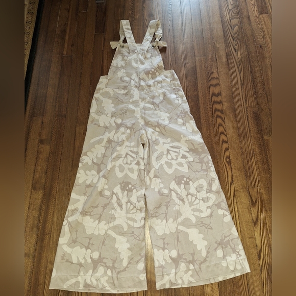 Anthropologie Maeve Wide Leg Linen Printed Tie Overalls Ivory Beige Flower - Picture 5 of 10